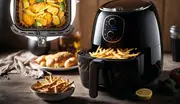 Svart digital airfryer med kontrollpanel, avtagbar korg fylld med pommes frites och en annan korg med blandade grönsaker. Modern design, bordsmodell, perfekt för hälsosam fritering.