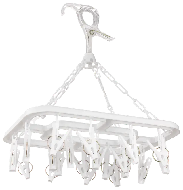 Rektangulært tørrestativ i plastik med flere hvide klemmer, ophængningskæder og drejelig krog til nem fastgørelse. Perfekt til tørring af sokker, undertøj eller små tekstiler.