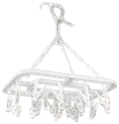 Rektangulært tørrestativ i plastik med flere hvide klemmer, ophængningskæder og drejelig krog til nem fastgørelse. Perfekt til tørring af sokker, undertøj eller små tekstiler.