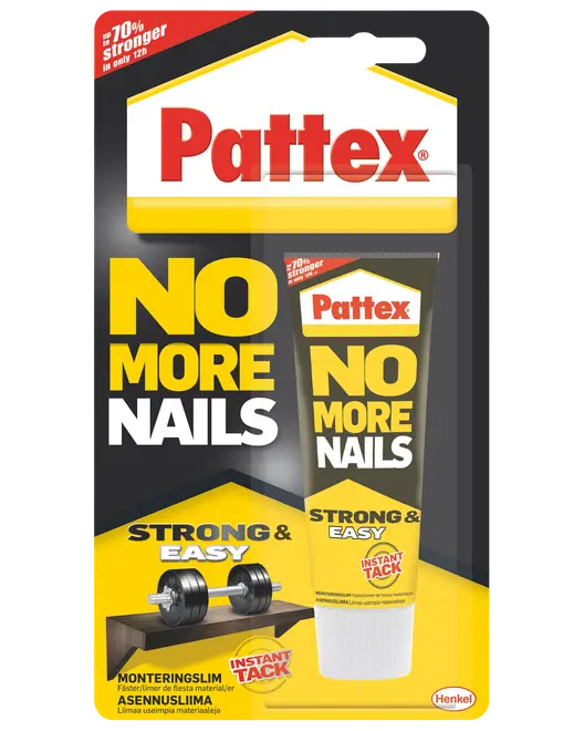 Pattex No More Nails montagelim, stærk og nem lim med øjeblikkelig vedhæftning, erstatter søm, egnet til flere materialer, 70% stærkere på 12 timer, 50g tube.