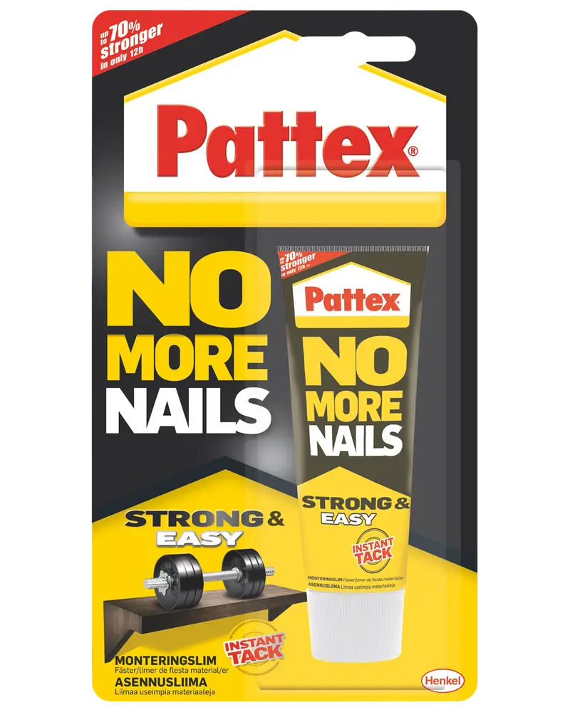 Pattex No More Nails montagelim, stærk og nem lim med øjeblikkelig vedhæftning, erstatter søm, egnet til flere materialer, 70% stærkere på 12 timer, 50g tube.