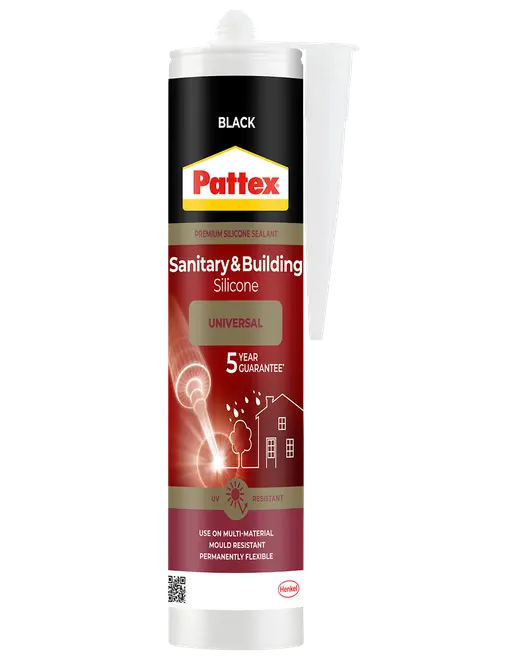 Sort Pattex sanitets- og byggesilikone i patron, universal, UV-resistent, permanent fleksibel, med 5 års garanti.