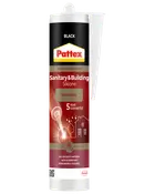Sort Pattex sanitets- og byggesilikone i patron, universal, UV-resistent, permanent fleksibel, med 5 års garanti.