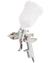 Professionel malersprøjte med hvid plastbeholder ovenpå, metalgreb og justerbare dyser til præcis maling. Velegnet til bil-, træ- og generelle maleropgaver.