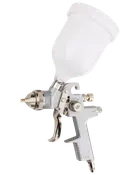 Professionel malersprøjte med hvid plastbeholder ovenpå, metalgreb og justerbare dyser til præcis maling. Velegnet til bil-, træ- og generelle maleropgaver.