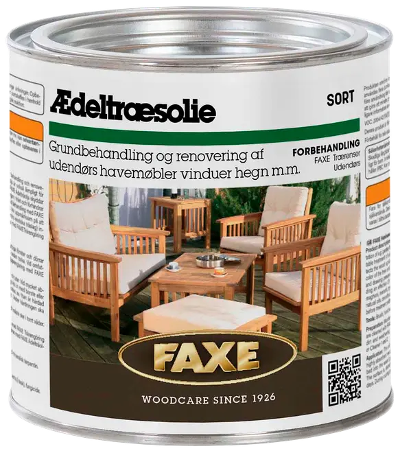 FAXE ædeltræsolie til udendørs brug, velegnet til behandling og renovering af havemøbler, vinduer og hegn. Leveres i metaldåse med produktinformation og brugsanvisning.