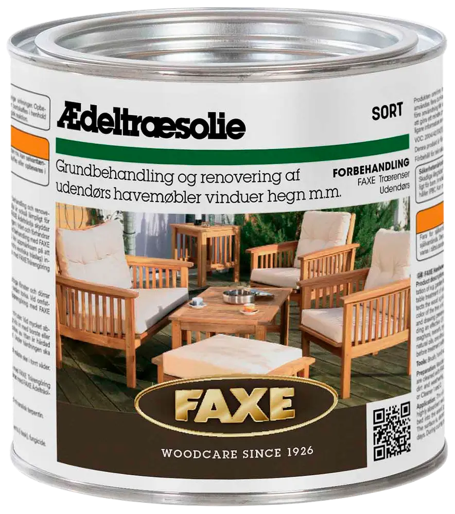 FAXE ædeltræsolie til udendørs brug, velegnet til behandling og renovering af havemøbler, vinduer og hegn. Leveres i metaldåse med produktinformation og brugsanvisning.