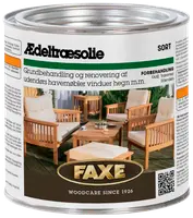 Dåse med FAXE ædeltræsolie til udendørs brug, velegnet til havemøbler, vinduer og hegn. Naturlig finish, beskytter og renoverer træoverflader. Klare instruktioner på etiketten.