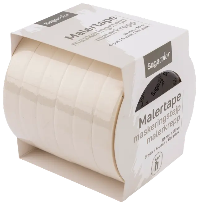 Sexpack vita maskeringstejper, varje rulle är 19 mm bred och 50 meter lång, förpackade i kartong. Passar för målning och maskeringsarbeten.