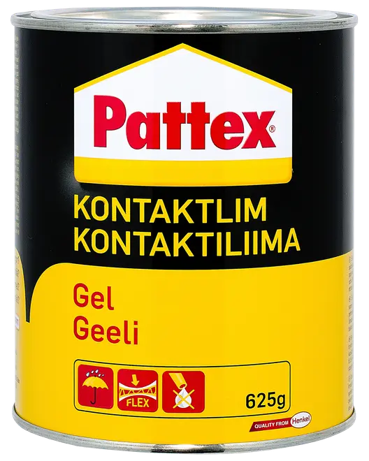 Pattex kontaktlim gel i en 625g metaldåse, egnet til fleksibel limning. Sort og gul emballage med produktinformation på flere sprog.