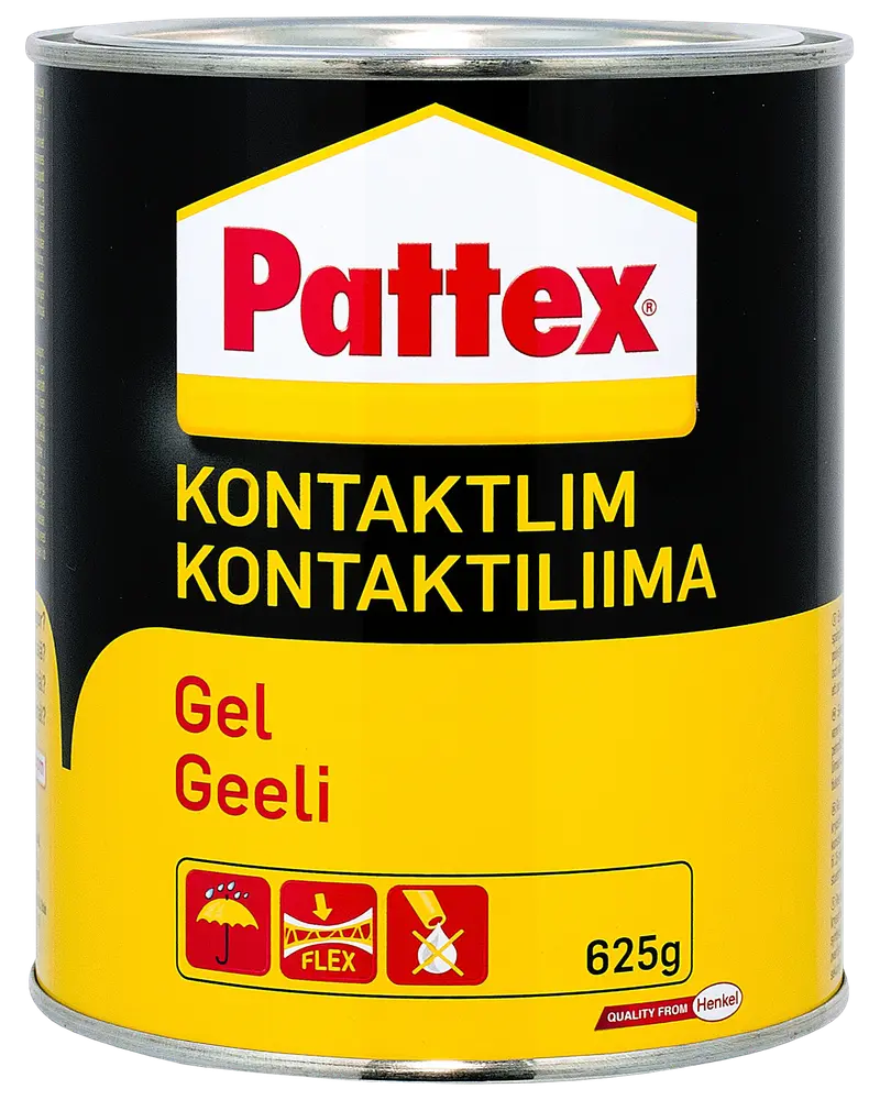 Pattex kontaktlim gel i en 625g metaldåse, egnet til fleksibel limning. Sort og gul emballage med produktinformation på flere sprog.