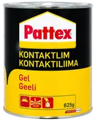 Pattex kontaktlim gel i en 625g metaldåse, egnet til fleksibel limning. Sort og gul emballage med produktinformation på flere sprog.