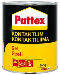 Pattex kontaktlim gel i en 625g metaldåse, egnet til fleksibel limning. Sort og gul emballage med produktinformation på flere sprog.