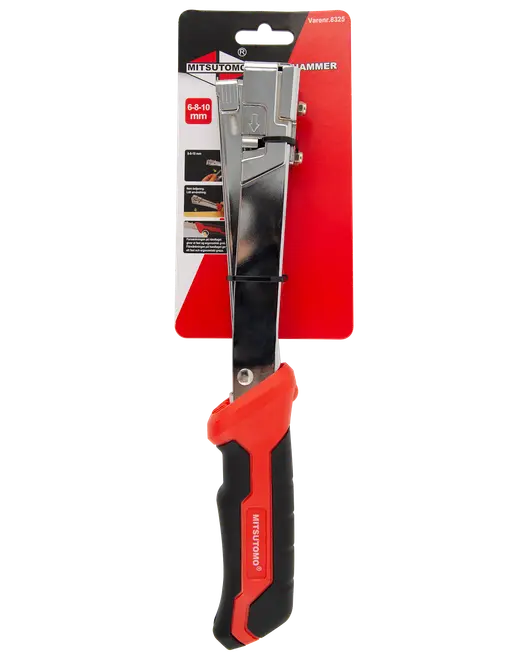 Mitsutomo hammartacker med ergonomiskt svart och rött handtag, metallhuvud, passar för 6-10 mm klammer. Perfekt för att fästa tyg, isolering eller takpapp.
