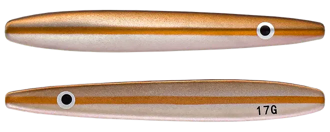 Metallisk orange og sølv fiskelokke med realistiske øjne, langstrakt minnow-form og 17G-mærkning, vist fra begge sider.