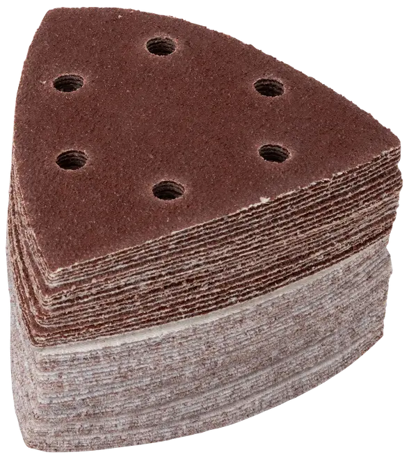 Stak af trekantede slibeark med seks huller, brun slibeflade, designet til detaljeslibere. Velegnet til træ, metal eller maling. Flere ark inkluderet for længere brug.