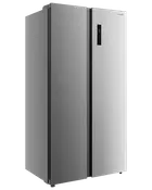 Modern side-by-side-kylskåp i rostfritt stål, två vertikala dörrar, digital kontrollpanel på högra dörren och stilren, minimalistisk design för moderna kök.