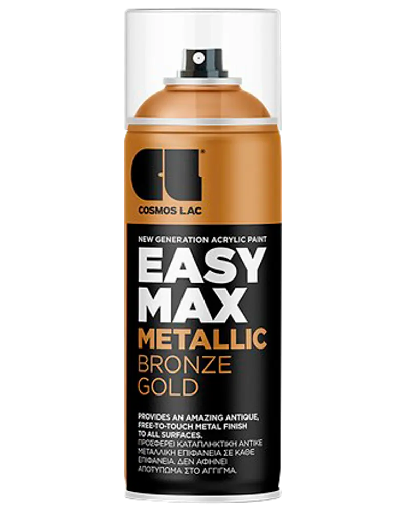 Cosmos Lac Easy Max Metallic Bronze Gold spraymaling, 400 ml dåse, akrylformel, egnet til alle overflader, antik metallisk finish, brugervenlig spraydyse, sort og guld etiket.
