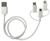 Vitt multi-laddningskabel med USB-A-kontakt och tre uttag: USB-C, Micro-USB och Lightning. Passar olika enheter. Kompakt, trasselfri design för enkel användning.