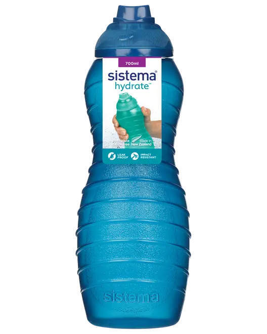 Blå 700 ml Sistema Hydrate drikkedunk med ergonomisk, rillet greb, lækagesikkert låg og slagfast plast. Velegnet til daglig hydrering, BPA-fri og nem at holde.