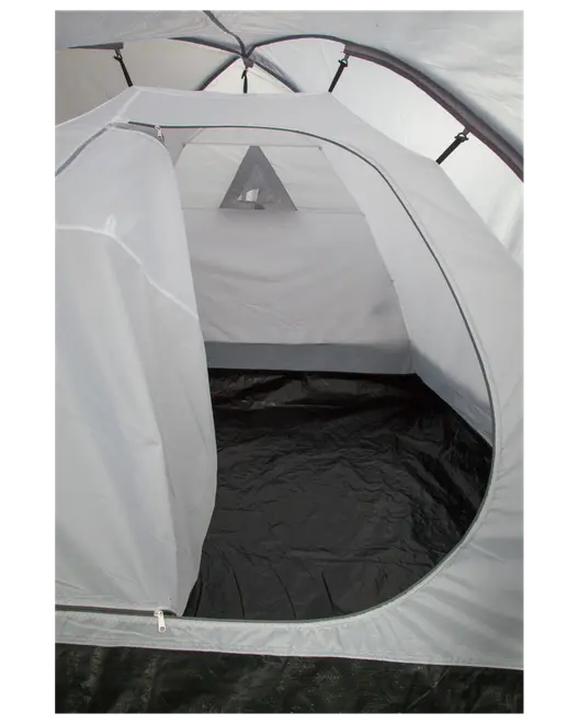Rummeligt gråt teltinteriør med lynlåsdør, trekantet vindue og sort vandtæt gulv. Velegnet til camping, giver privatliv og beskyttelse mod vejr. Let og nemt at samle.