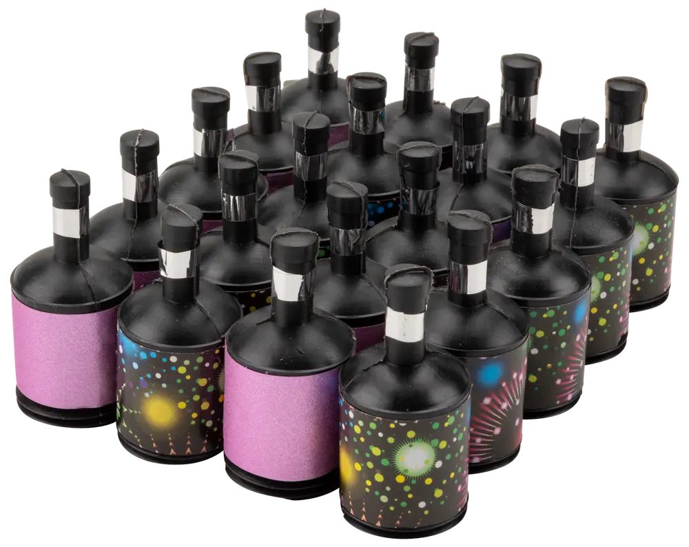 Förpackning med färgglada party poppers med svarta toppar och snören, dekorerade med festliga mönster. Engångsbruk, enkla att använda vid firanden och fester.