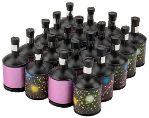 Förpackning med färgglada party poppers med svarta toppar och snören, dekorerade med festliga mönster. Engångsbruk, enkla att använda vid firanden och fester.