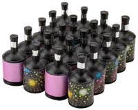 Förpackning med färgglada party poppers med svarta toppar och snören, dekorerade med festliga mönster. Engångsbruk, enkla att använda vid firanden och fester.