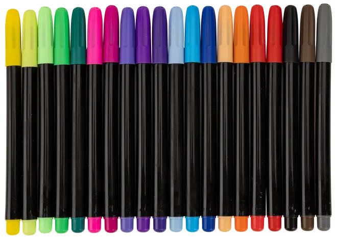 Sæt med 18 tuscher med sorte kroppe og låg i forskellige farver, herunder gul, grøn, pink, lilla, blå, orange, rød, brun og grå nuancer.