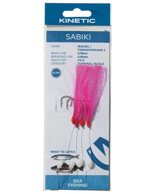 Kinetic Sabiki havfiskeri-rig med pink glow-fjer, tre kroge og terminal tackle til makrel og lignende fisk.