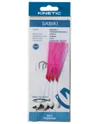 Kinetic Sabiki havfiskeri-rig med pink glow-fjer, tre kroge og terminal tackle til makrel og lignende fisk.