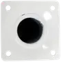 Firkantet hvid metalflange med centralt rundt hul og fire skruehuller i hjørnerne, beregnet til montering og fastgørelse af en stang eller et rør.