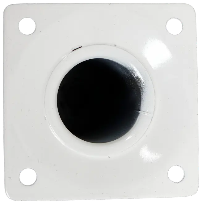 Firkantet hvid metalflange med centralt rundt hul og fire skruehuller i hjørnerne, beregnet til montering og fastgørelse af en stang eller et rør.