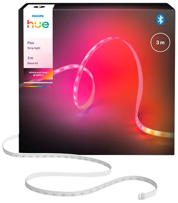 Philips Hue Flux 3m LED-lysbånd, startpakke. Fleksibelt, farveskiftende lysbånd med Bluetooth-styring. Velegnet til stemningsbelysning. Hvid og farvegradient inkluderet.