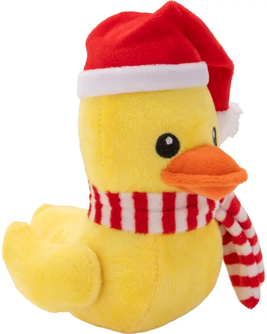 Blød gul and bamse med rød nissehue og hvid kant samt rød-hvidstribet tørklæde. Har orange næb og sorte øjne. Hyggeligt juletema-legetøj.