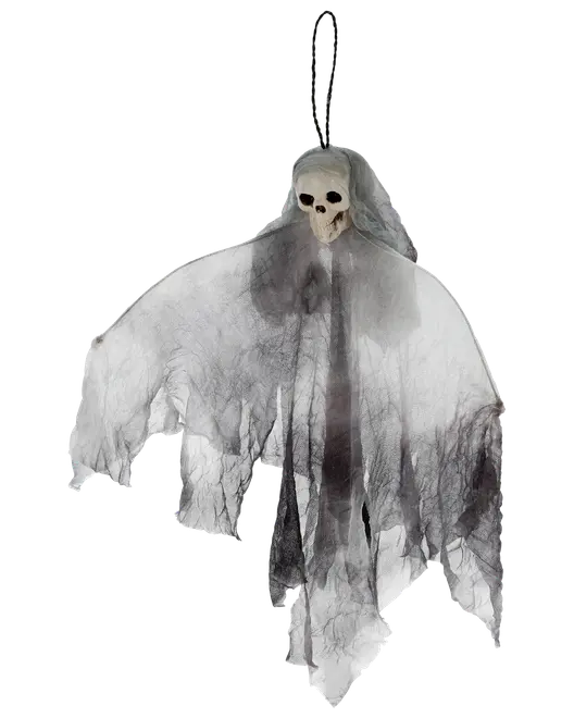 Hängande Halloween-spökdekoration med trasigt, halvtransparent svartvitt tyg, ansiktslöst huvud och ögla för upphängning. Perfekt för skrämmande dekoration.