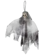 Hängande Halloween-spökdekoration med trasigt, halvtransparent svartvitt tyg, ansiktslöst huvud och ögla för upphängning. Perfekt för skrämmande dekoration.