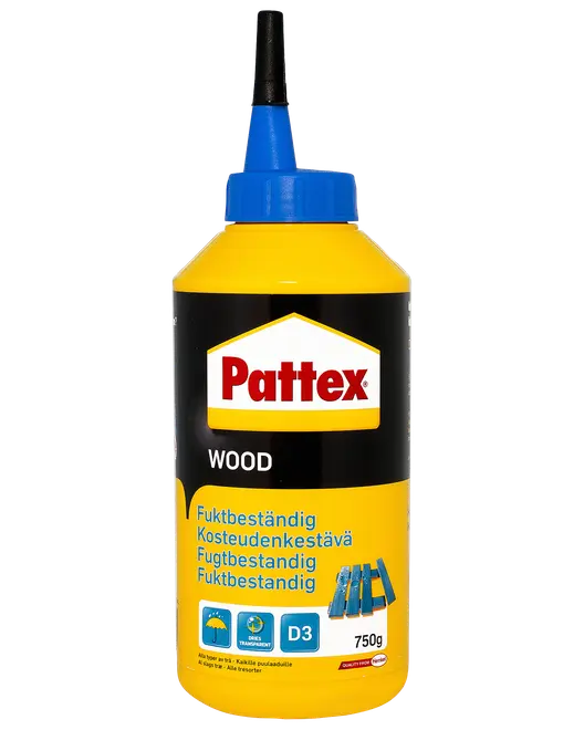Pattex trælim, 750g flaske med blå tud. Fugtbestandig, egnet til forskellige træsorter. Gul og sort emballage med produktinformation på flere sprog.