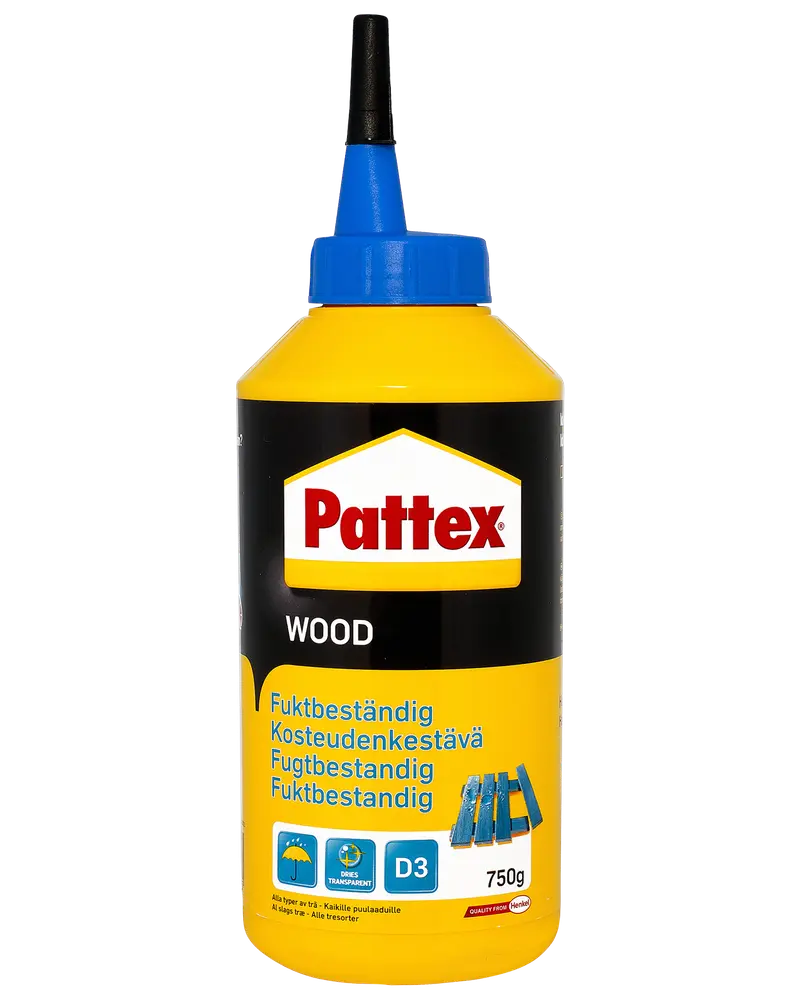 Pattex trælim, 750g flaske med blå tud. Fugtbestandig, egnet til forskellige træsorter. Gul og sort emballage med produktinformation på flere sprog.