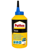 Pattex trælim, 750g flaske med blå tud. Fugtbestandig, egnet til forskellige træsorter. Gul og sort emballage med produktinformation på flere sprog.