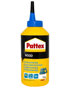 Pattex trælim, 750g flaske med blå tud. Fugtbestandig, egnet til forskellige træsorter. Gul og sort emballage med produktinformation på flere sprog.