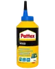 Pattex trælim, 750g flaske med blå tud. Fugtbestandig, egnet til forskellige træsorter. Gul og sort emballage med produktinformation på flere sprog.
