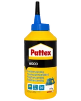 Pattex Wood Original trælim, 75g flaske med spids applikator, egnet til alle trætyper. Sort og gul emballage med produktinformation og illustration af stol.