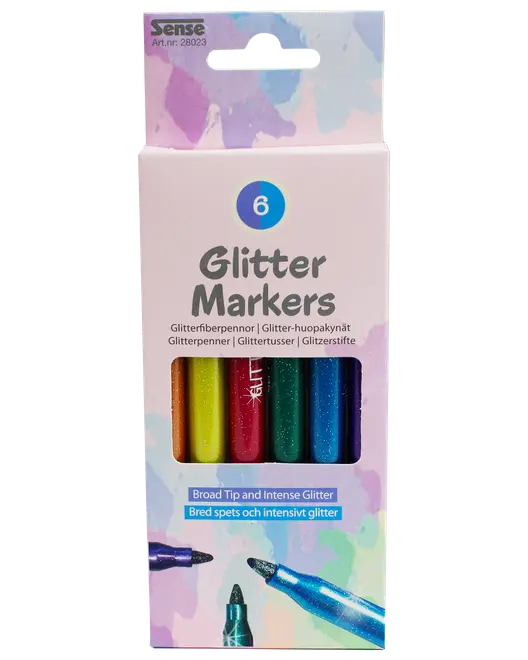 Förpackning med 6 glitterpennor med bred spets i färgerna gul, orange, röd, grön, blå och lila. Passar pyssel och teckning, ger intensiv glittereffekt.