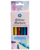 Förpackning med 6 glitterpennor med bred spets i färgerna gul, orange, röd, grön, blå och lila. Passar pyssel och teckning, ger intensiv glittereffekt.