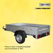 Branford trailer med åben ladkasse, produceret i Danmark. Prisen er ekskl. indregistreringsafgift og nummerplade: kr. 890,-