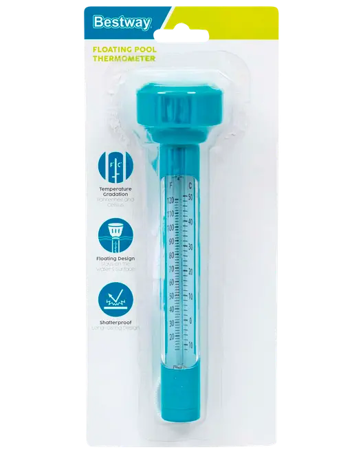 Blå flydende pooltermometer med tydelig temperaturskala i Celsius og Fahrenheit, brudsikkert plastikhus og letlæseligt design. Velegnet til måling af poolvandets temperatur.