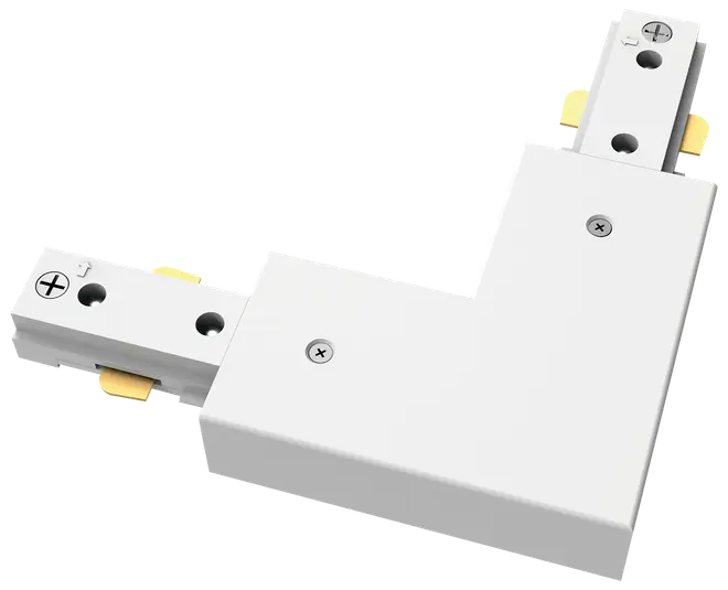 Hvid L-formet skinnekonnektor til belysning med synlige skruer og metaldele. Bruges til at forbinde to skinnesektioner i en vinkel. Robust plastkabinet.
