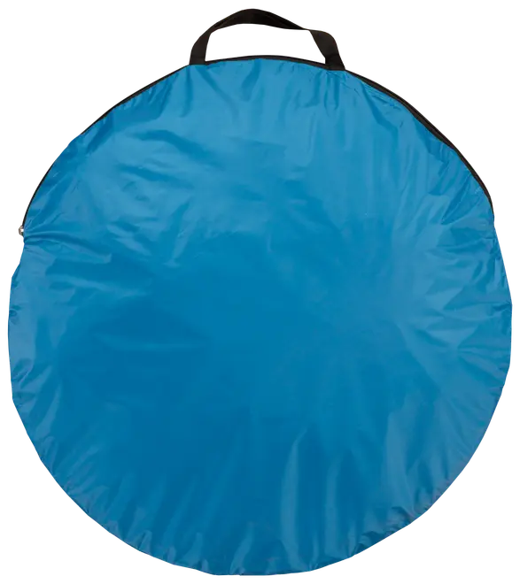 Rund blå bärväska med svart handtag, tillverkad av lätt och slitstarkt tyg. Perfekt för förvaring och transport av hopfällbara saker som tält eller stolar.