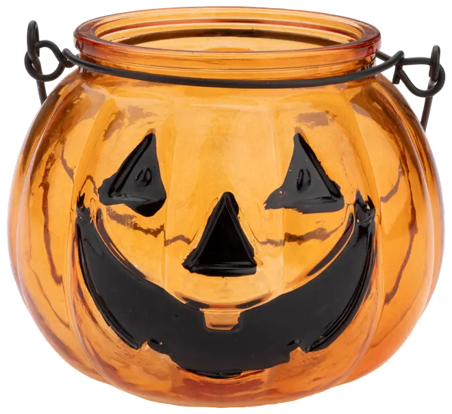 Orange glasbeholder formet som et græskar med sort græskarmaske, metalhank og bred åbning. Perfekt til Halloween dekoration eller slikskål.